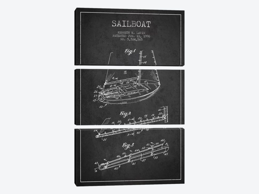 Sailboat 4 Charcoal Patent Blueprint by Aged Pixel 3-piece Canvas Art Print