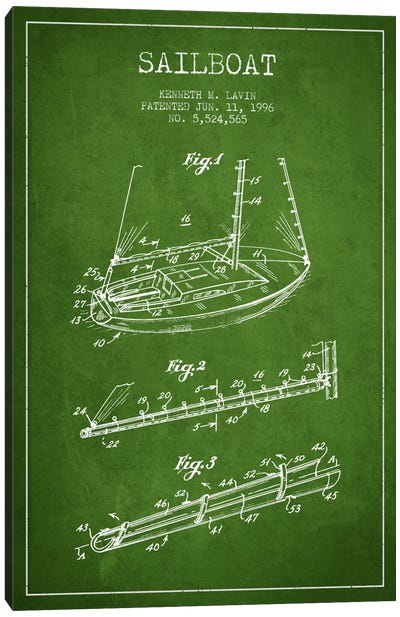 Sailboat 4 Green Patent Blueprint Canvas Art Print