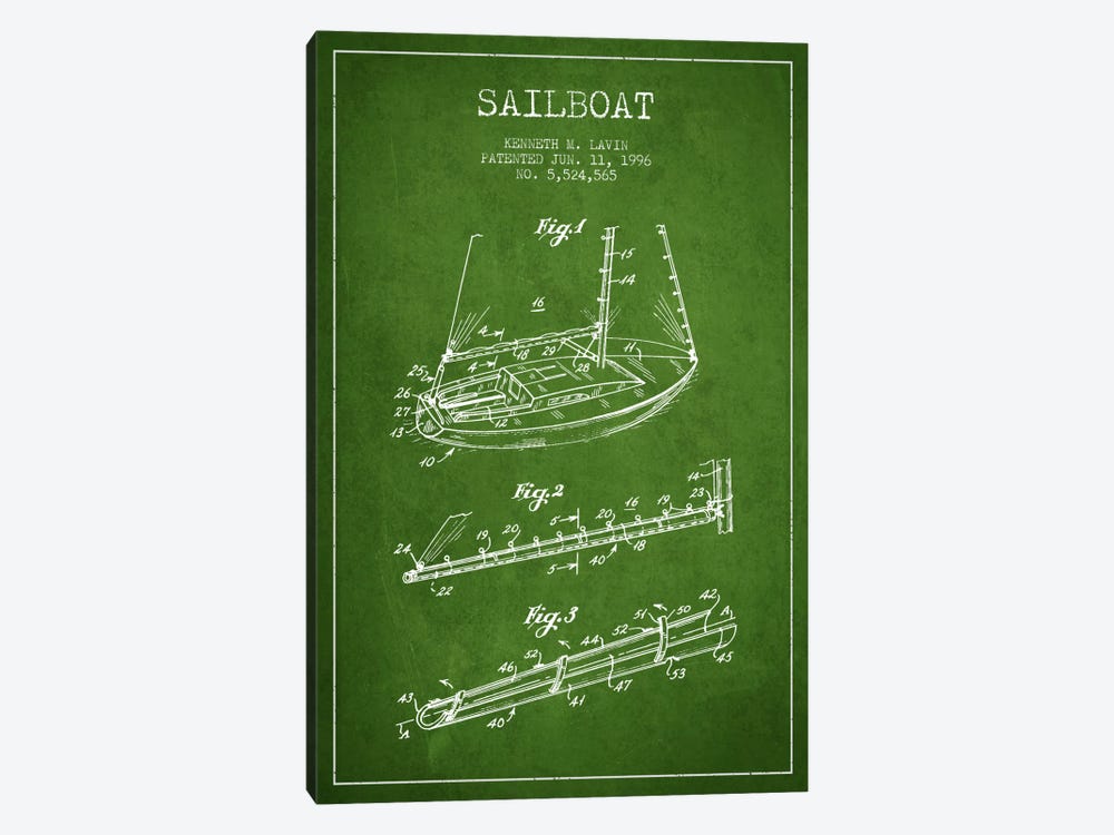 Sailboat 4 Green Patent Blueprint by Aged Pixel 1-piece Canvas Wall Art