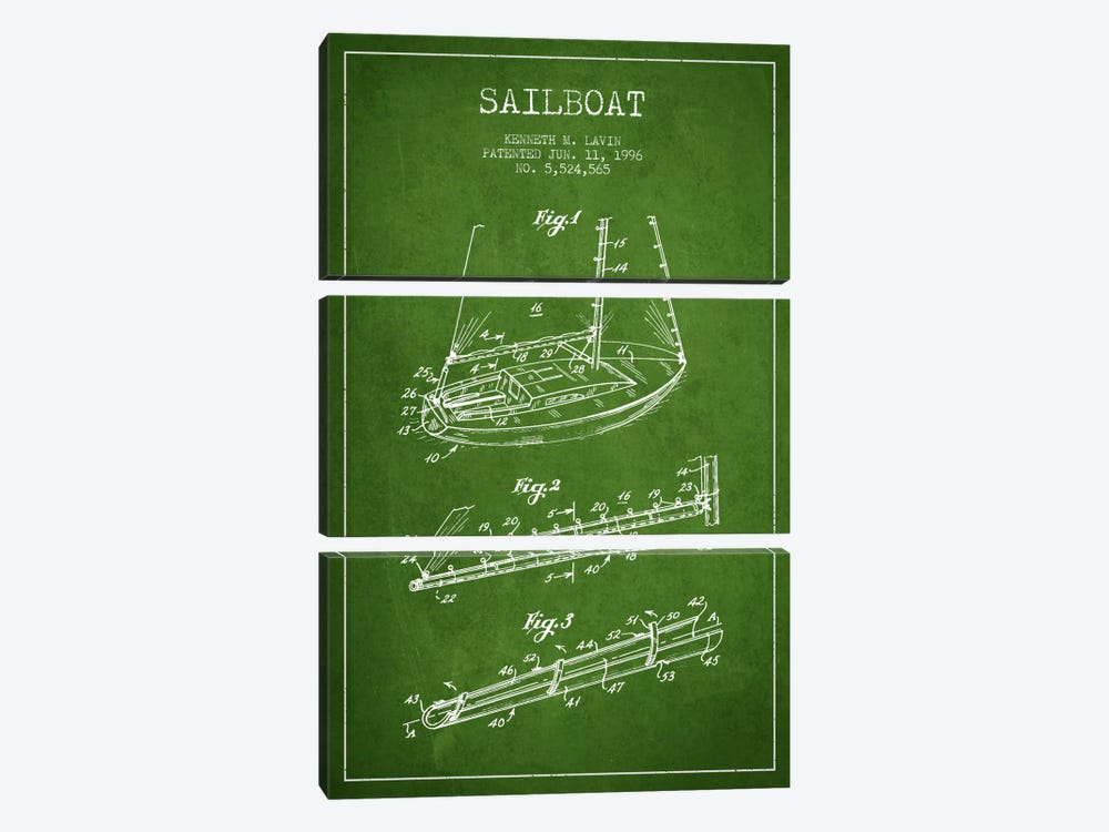 Sailboat 4 Green Patent Blueprint by Aged Pixel 3-piece Canvas Wall Art