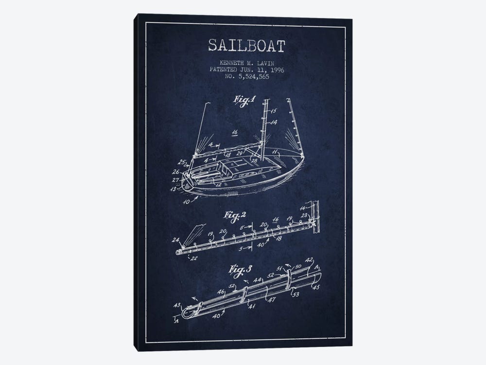 Sailboat 4 Navy Blue Patent Blueprint by Aged Pixel 1-piece Canvas Art Print