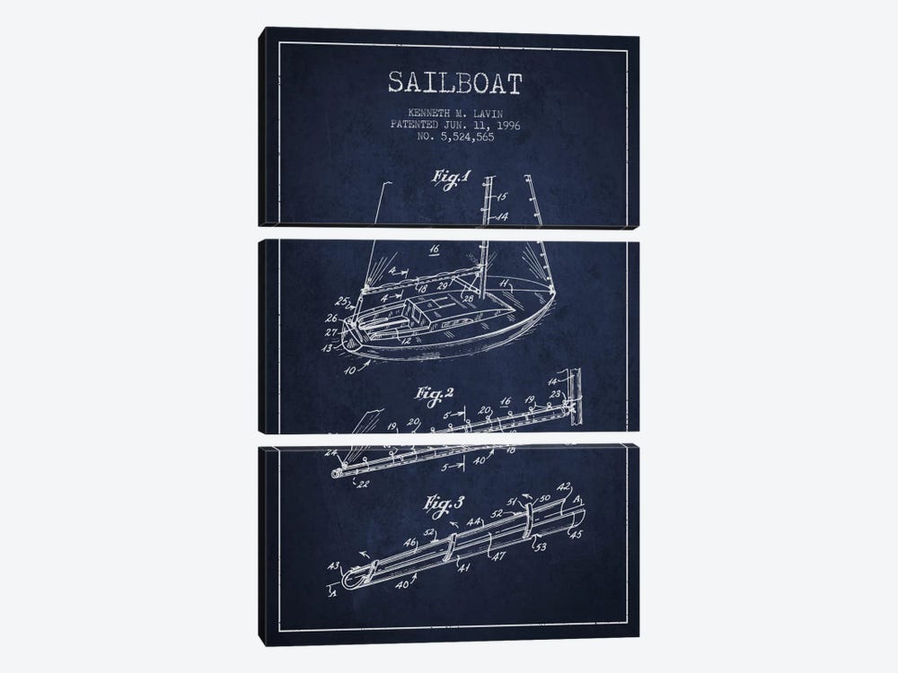Sailboat 4 Navy Blue Patent Blueprint by Aged Pixel 3-piece Art Print