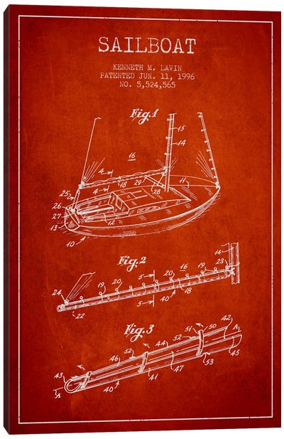 Sailboat 4 Red Patent Blueprint Canvas Art Print - Sailboat Art