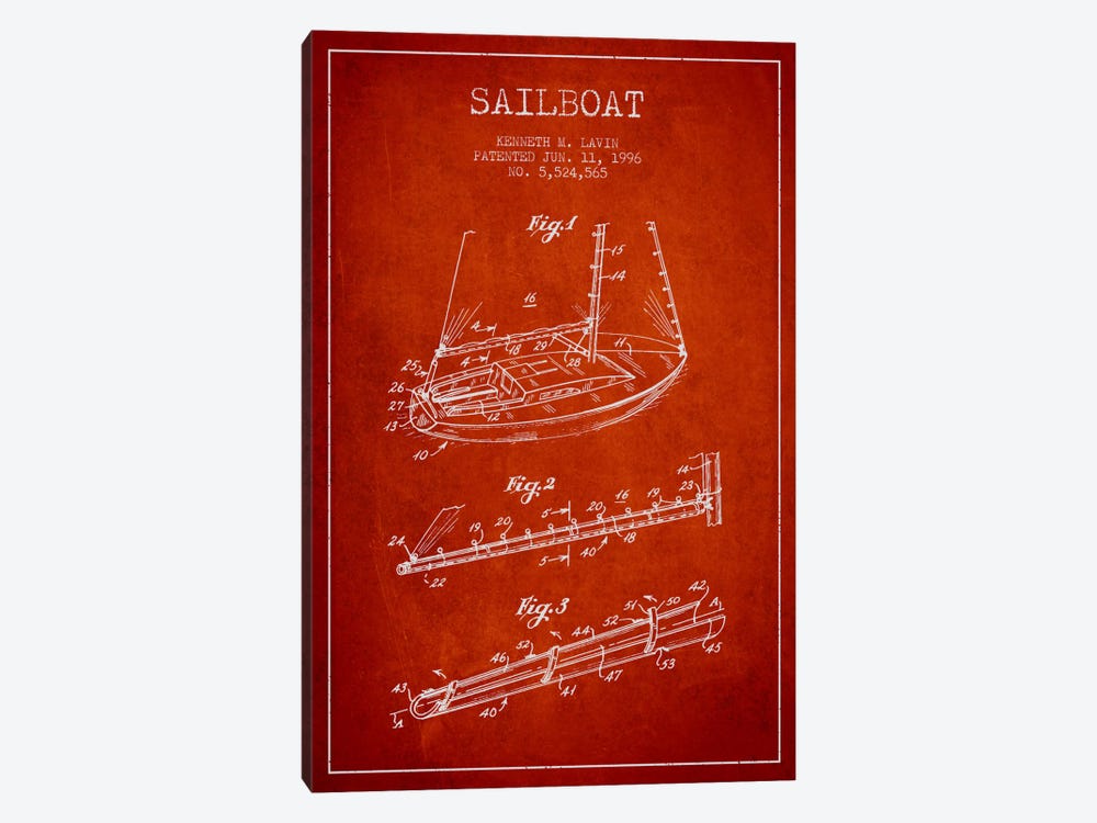 Sailboat 4 Red Patent Blueprint by Aged Pixel 1-piece Canvas Art