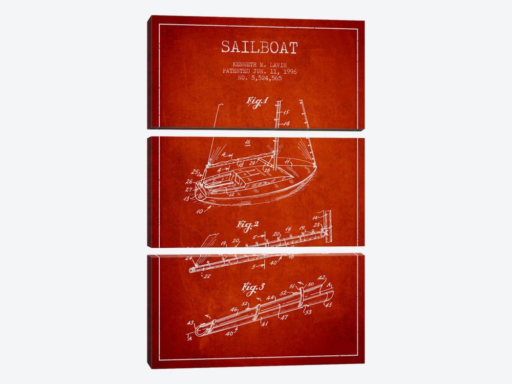 Sailboat 4 Red Patent Blueprint by Aged Pixel 3-piece Canvas Art