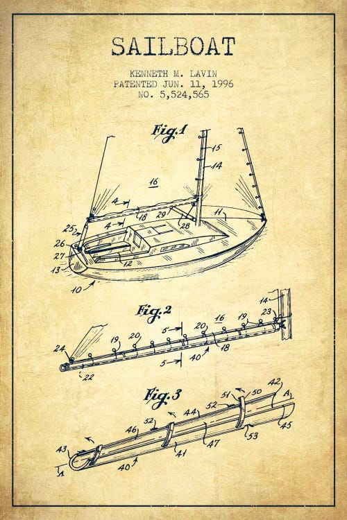 Sailboat 4 Vintage Patent Blueprint by Aged Pixel wall art