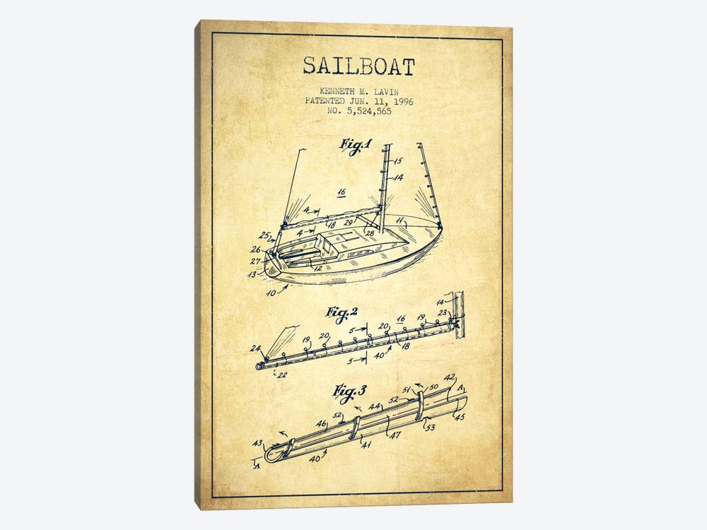 Sailboat 4 Vintage Patent Blueprint by Aged Pixel 1-piece Canvas Print
