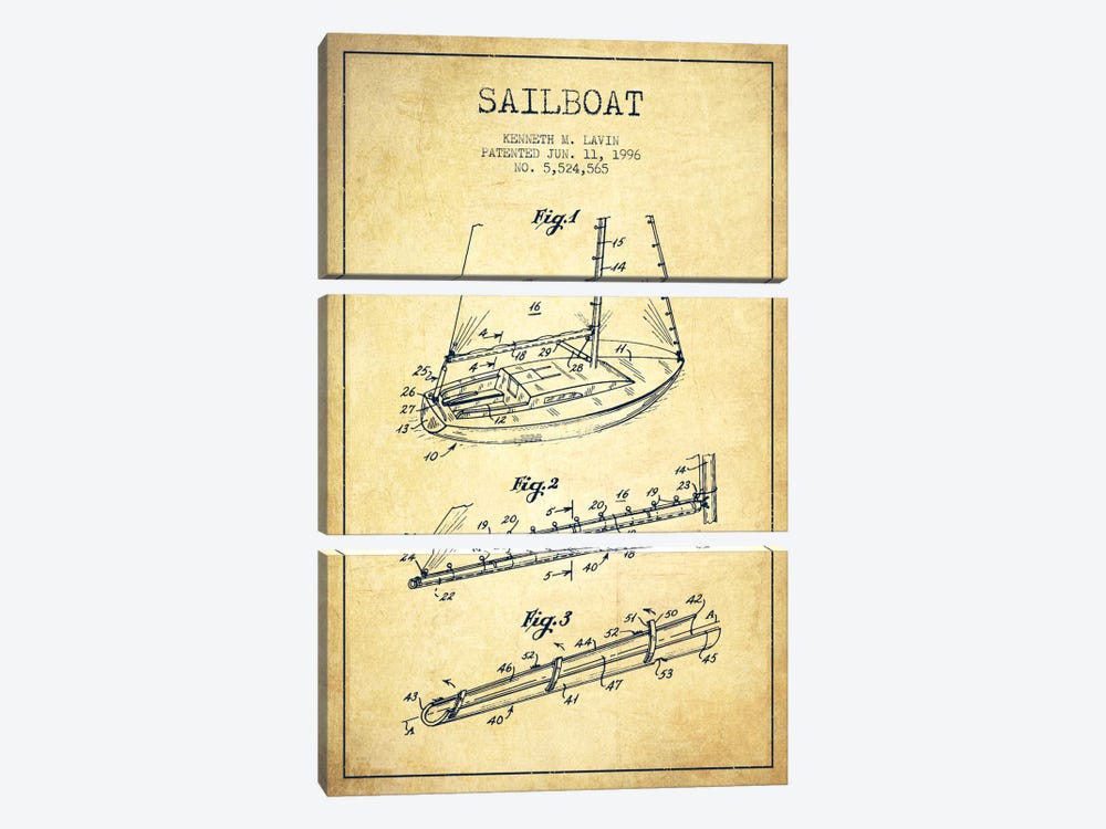 Sailboat 4 Vintage Patent Blueprint by Aged Pixel 3-piece Canvas Print