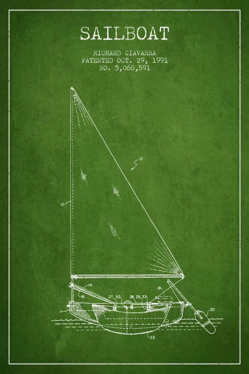 Sailboat 3 Green Patent Blueprint by Aged Pixel wall art