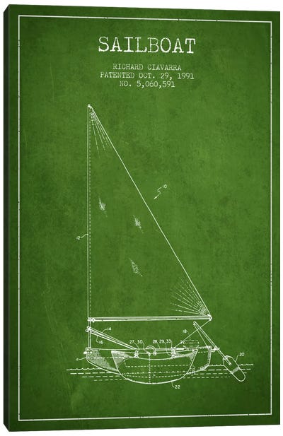 Sailboat 3 Green Patent Blueprint Canvas Art Print - Green Art