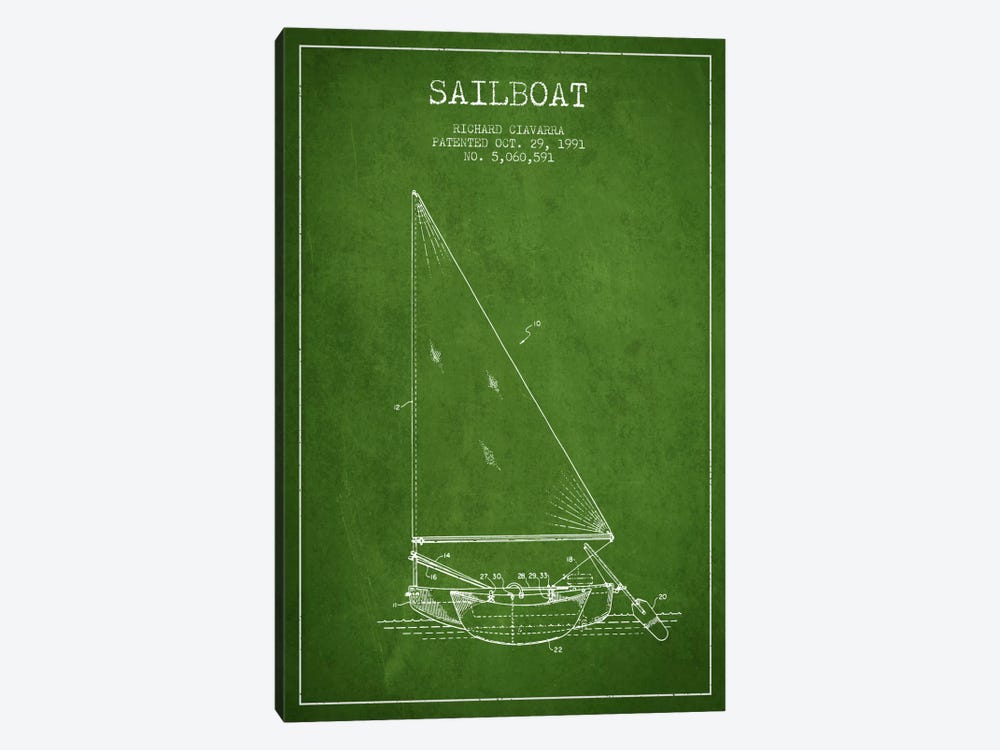 Sailboat 3 Green Patent Blueprint by Aged Pixel 1-piece Canvas Wall Art