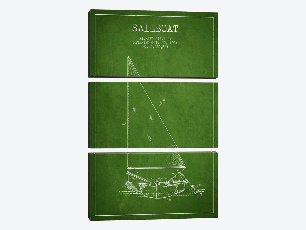 Sailboat 3 Green Patent Blueprint by Aged Pixel 3-piece Canvas Artwork