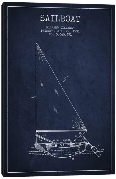 Sailboat 3 Navy Blue Patent Blueprint Canvas Art Print - Nautical Blueprints
