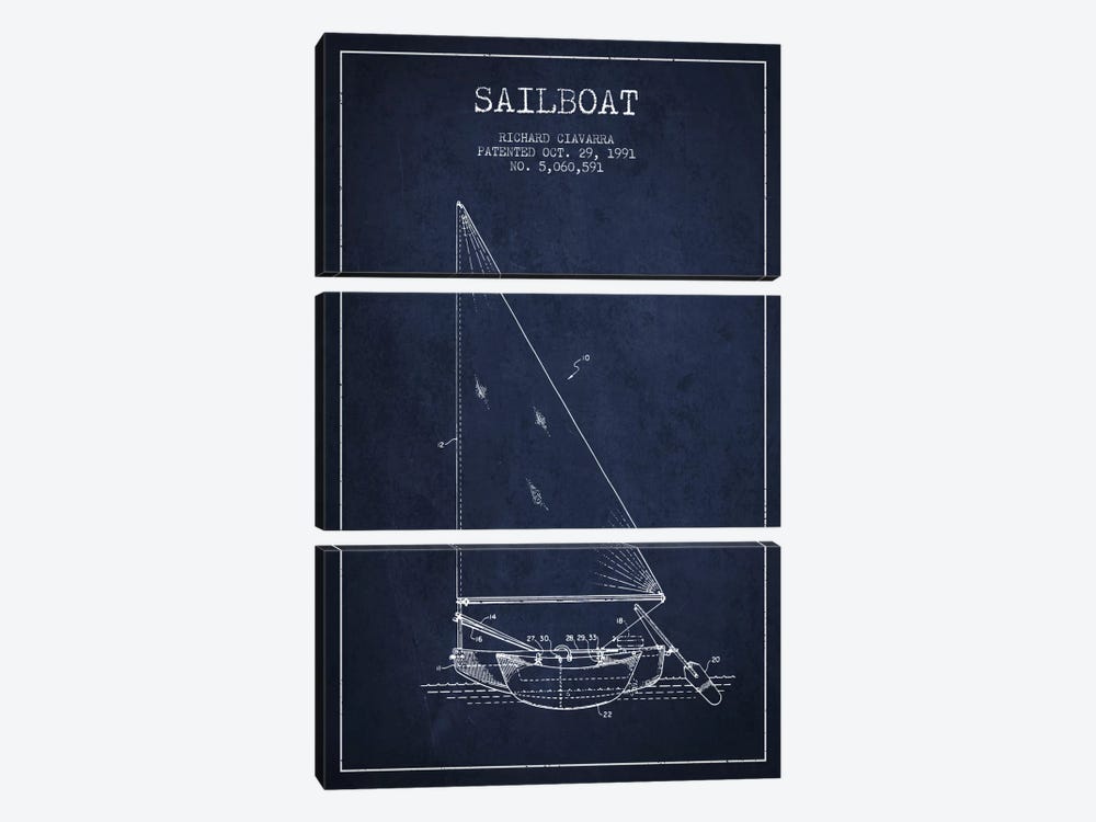 Sailboat 3 Navy Blue Patent Blueprint by Aged Pixel 3-piece Art Print