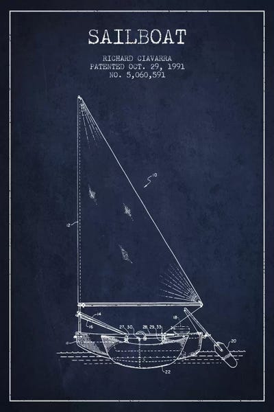 Nautical Blueprints: Sailboat 3 Navy Blue Patent Blueprint by Aged Pixel