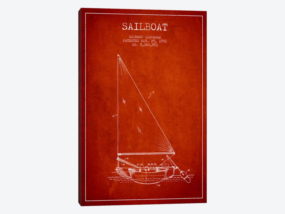 Sailboat 3 Red Patent Blueprint by Aged Pixel 1-piece Canvas Wall Art