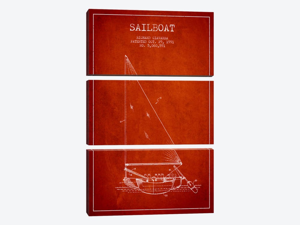 Sailboat 3 Red Patent Blueprint by Aged Pixel 3-piece Canvas Artwork