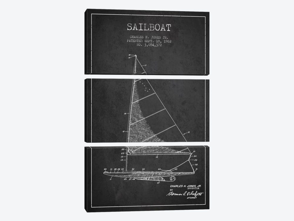 Sailboat 2 Charcoal Patent Blueprint by Aged Pixel 3-piece Canvas Wall Art