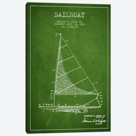Sailboat 2 Green Patent Blueprint Canvas Print #ADP2726} by Aged Pixel Canvas Wall Art
