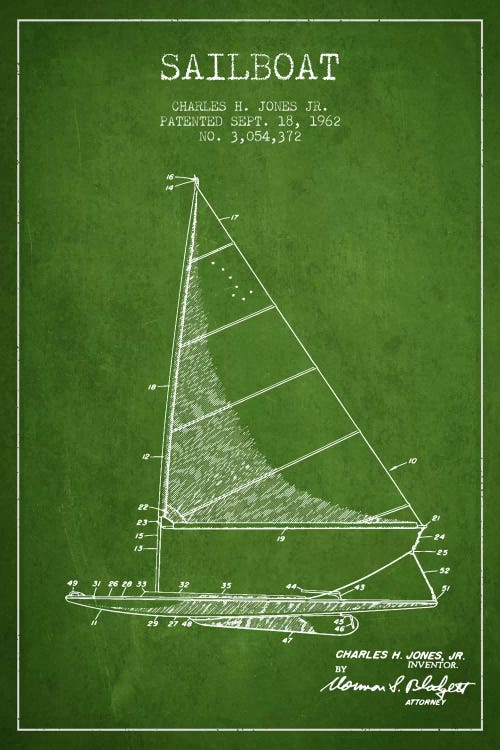 Sailboat 2 Green Patent Blueprint by Aged Pixel wall art