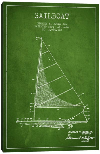 Sailboat 2 Green Patent Blueprint Canvas Art Print