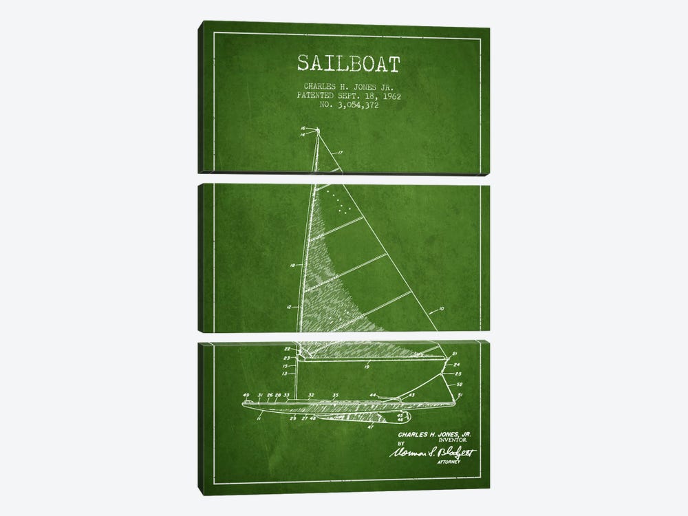 Sailboat 2 Green Patent Blueprint by Aged Pixel 3-piece Canvas Art Print