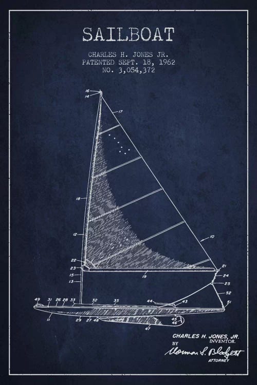 Sailboat 2 Navy Blue Patent Blueprint by Aged Pixel wall art