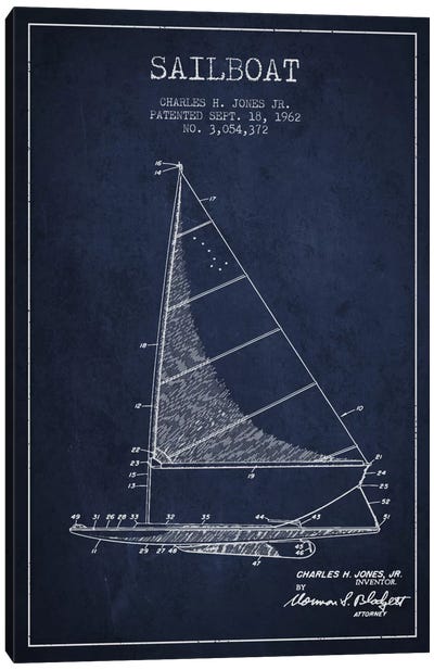 Sailboat 2 Navy Blue Patent Blueprint Canvas Art Print - Nautical Blueprints