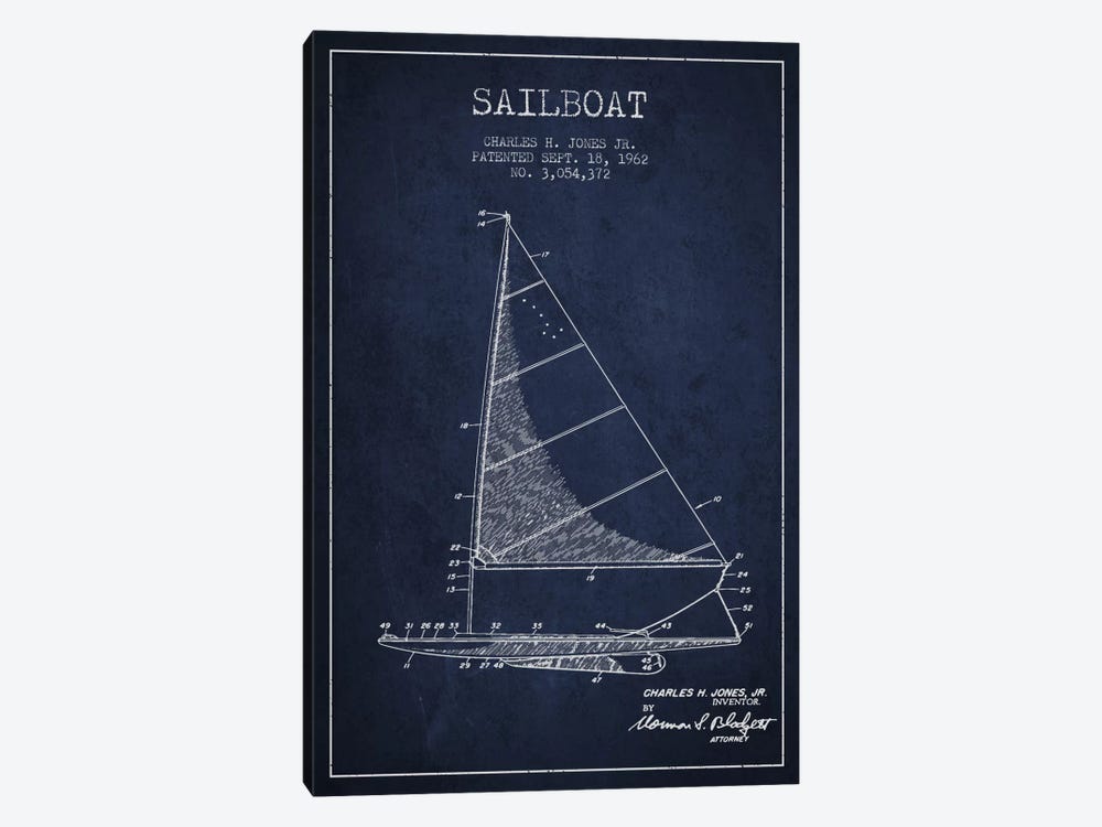 Sailboat 2 Navy Blue Patent Blueprint 1-piece Canvas Art