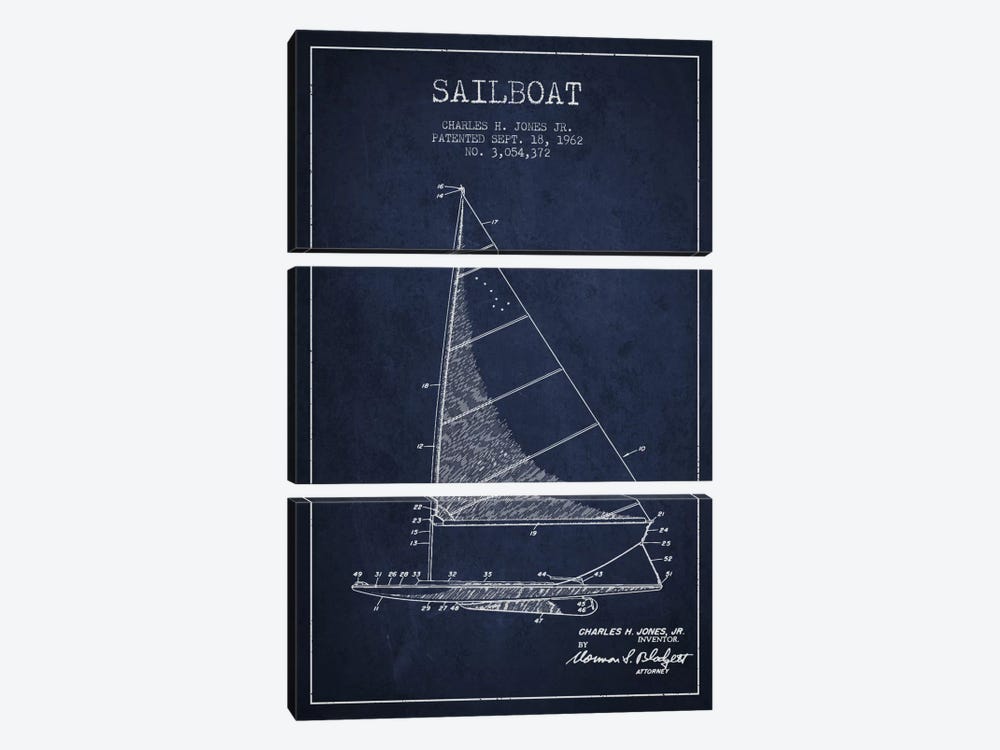 Sailboat 2 Navy Blue Patent Blueprint by Aged Pixel 3-piece Canvas Art