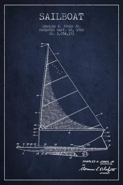 Nautical Blueprints: Sailboat 2 Navy Blue Patent Blueprint by Aged Pixel