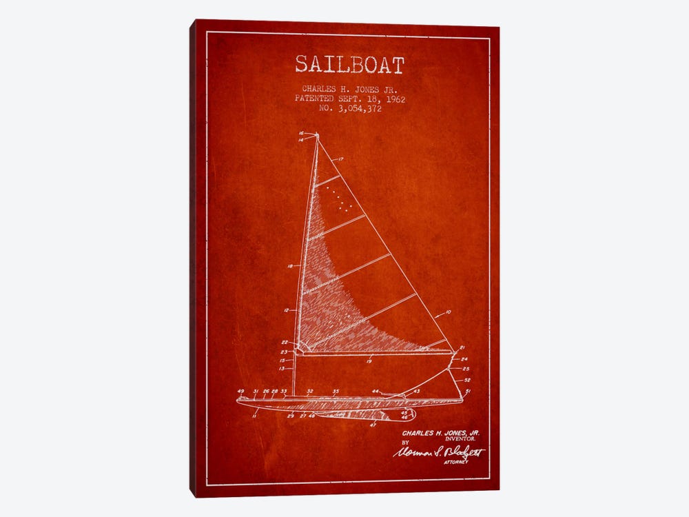 Sailboat 2 Red Patent Blueprint by Aged Pixel 1-piece Canvas Print