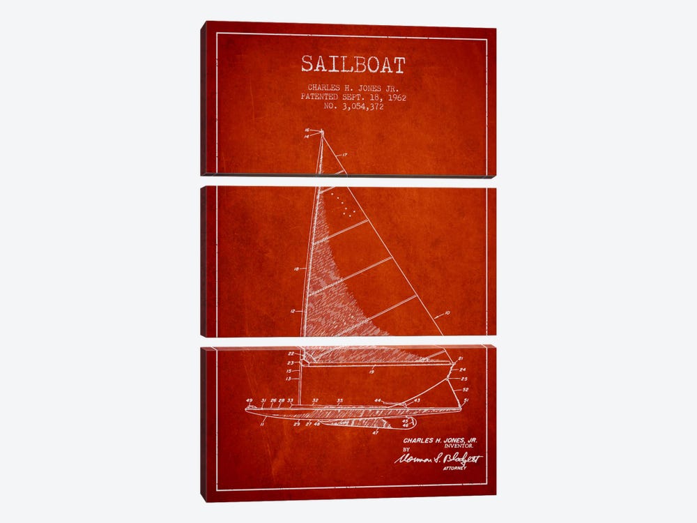 Sailboat 2 Red Patent Blueprint by Aged Pixel 3-piece Art Print
