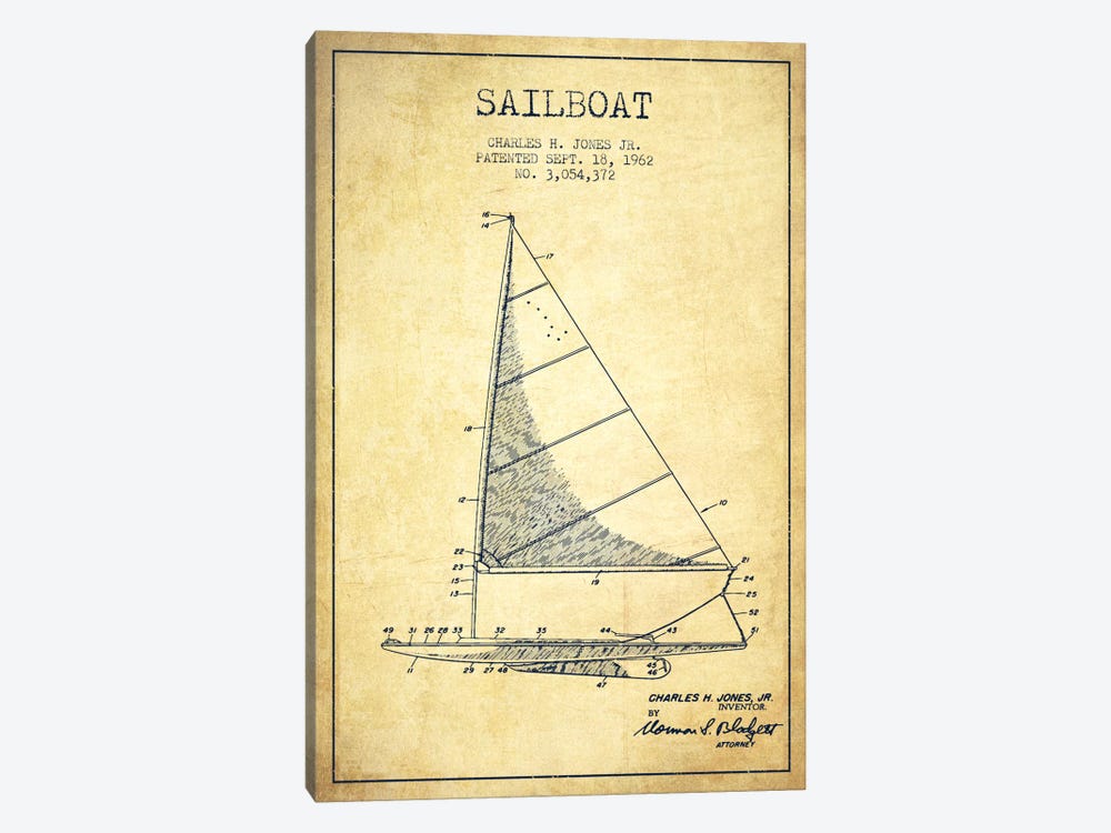 Sailboat 2 Vintage Patent Blueprint by Aged Pixel 1-piece Canvas Wall Art