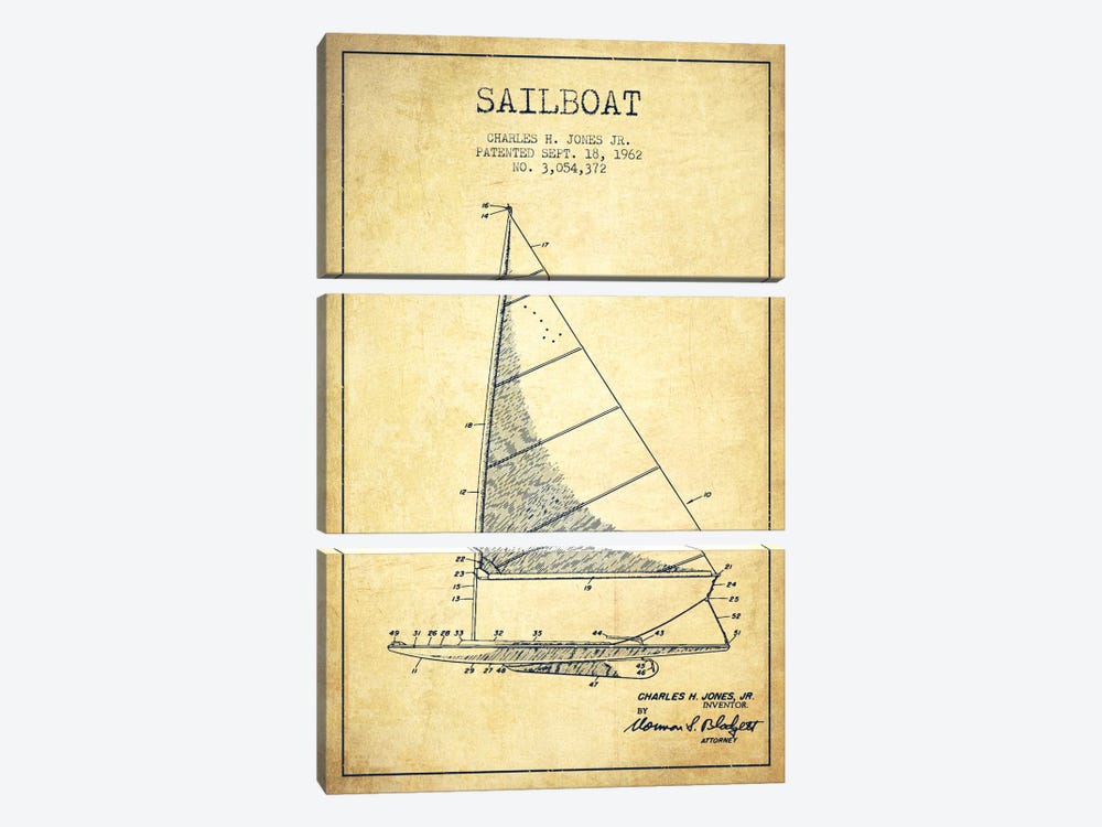 Sailboat 2 Vintage Patent Blueprint by Aged Pixel 3-piece Canvas Artwork