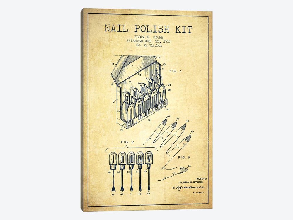 Nail Polish Kit Vintage Patent Blueprint by Aged Pixel 1-piece Canvas Art Print