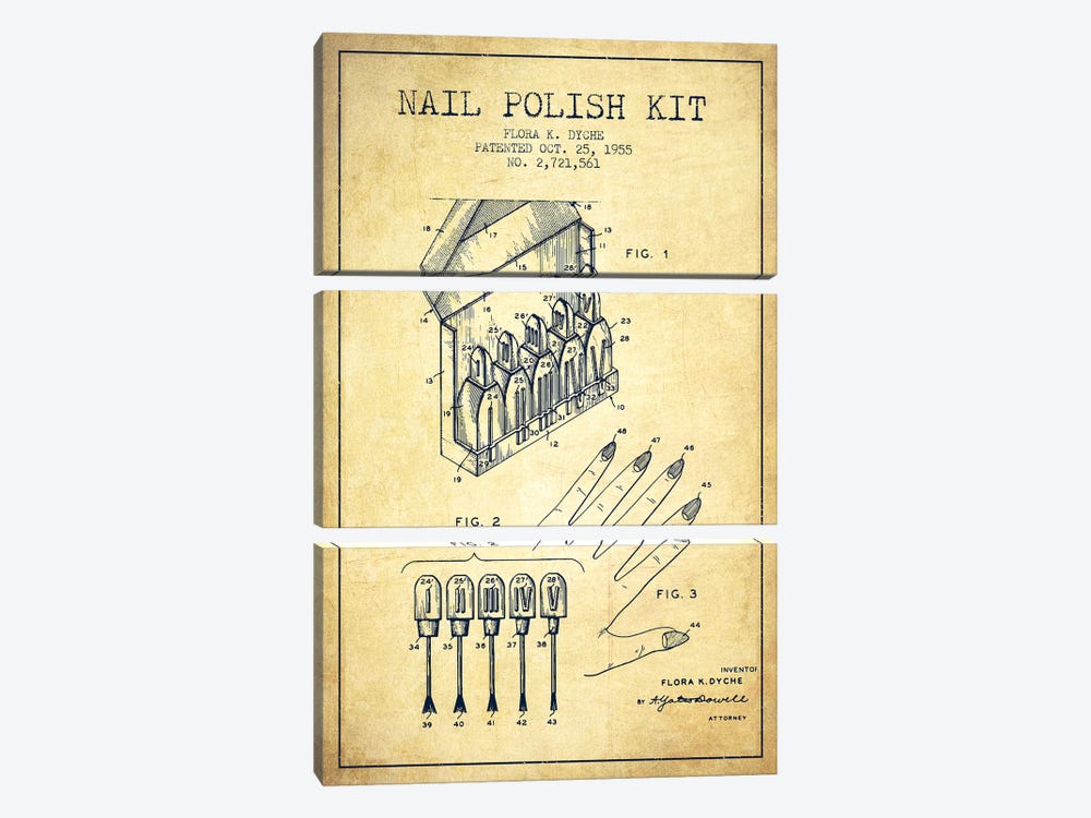 Nail Polish Kit Vintage Patent Blueprint by Aged Pixel 3-piece Canvas Art Print