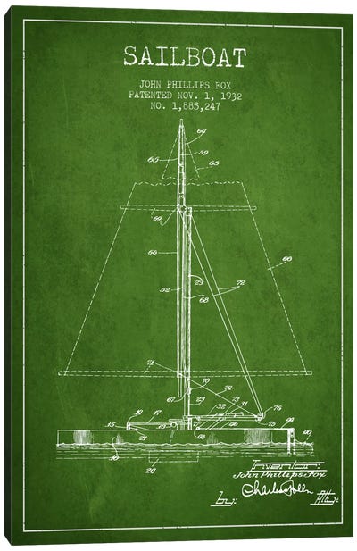Sailboat 1 Green Patent Blueprint Canvas Art Print - Green Art