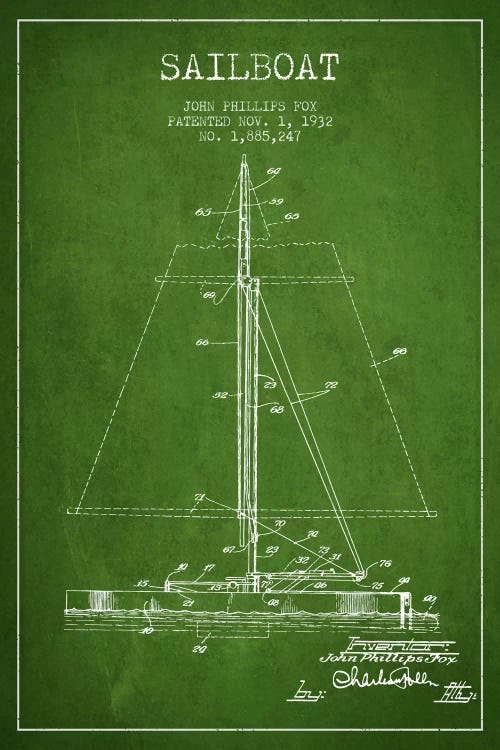 Sailboat 1 Green Patent Blueprint by Aged Pixel wall art