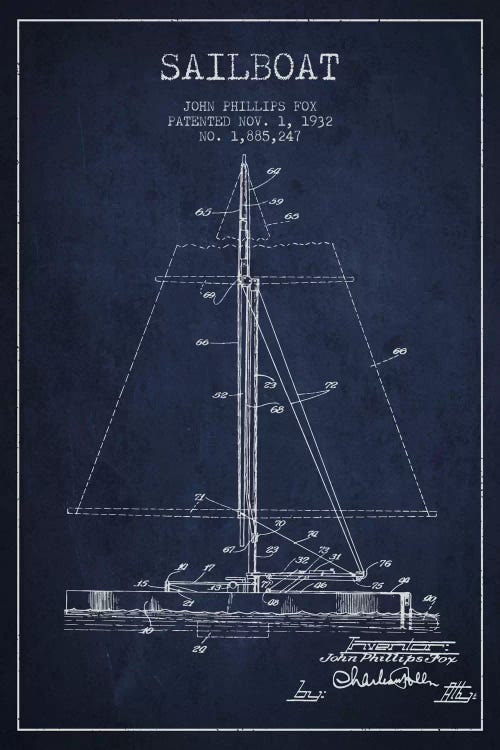 Sailboat 1 Navy Blue Patent Blueprint by Aged Pixel wall art