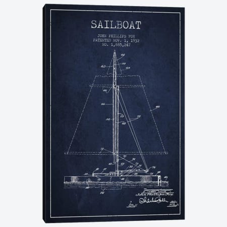 Sailboat 1 Navy Blue Patent Blueprint Canvas Print #ADP2732} by Aged Pixel Canvas Artwork