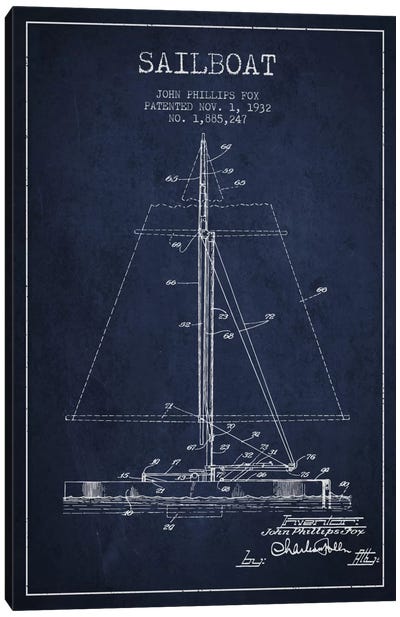 Sailboat 1 Navy Blue Patent Blueprint Canvas Art Print - Bathroom Blueprints