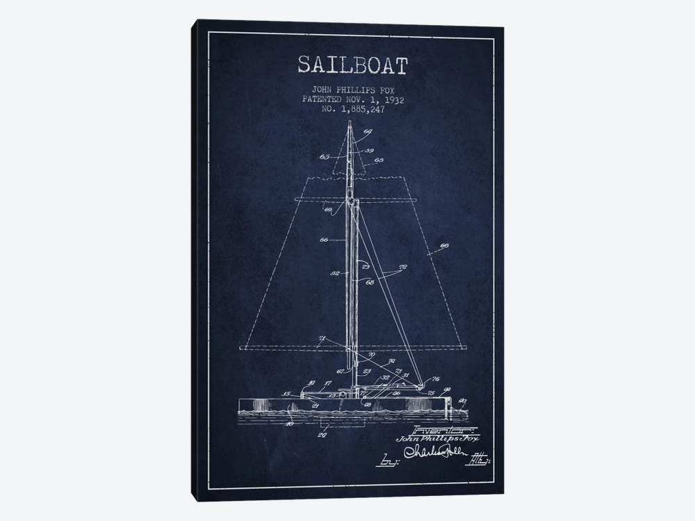 Sailboat 1 Navy Blue Patent Blueprint by Aged Pixel 1-piece Canvas Art