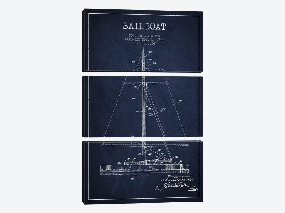 Sailboat 1 Navy Blue Patent Blueprint by Aged Pixel 3-piece Canvas Wall Art