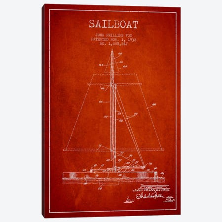 Sailboat 1 Red Patent Blueprint Canvas Print #ADP2733} by Aged Pixel Canvas Artwork