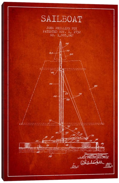 Sailboat 1 Red Patent Blueprint Canvas Art Print - Nautical Blueprints