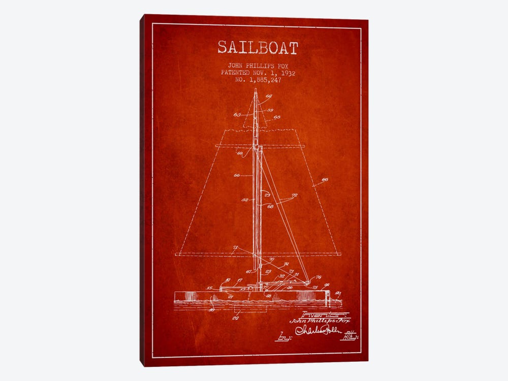 Sailboat 1 Red Patent Blueprint by Aged Pixel 1-piece Canvas Print