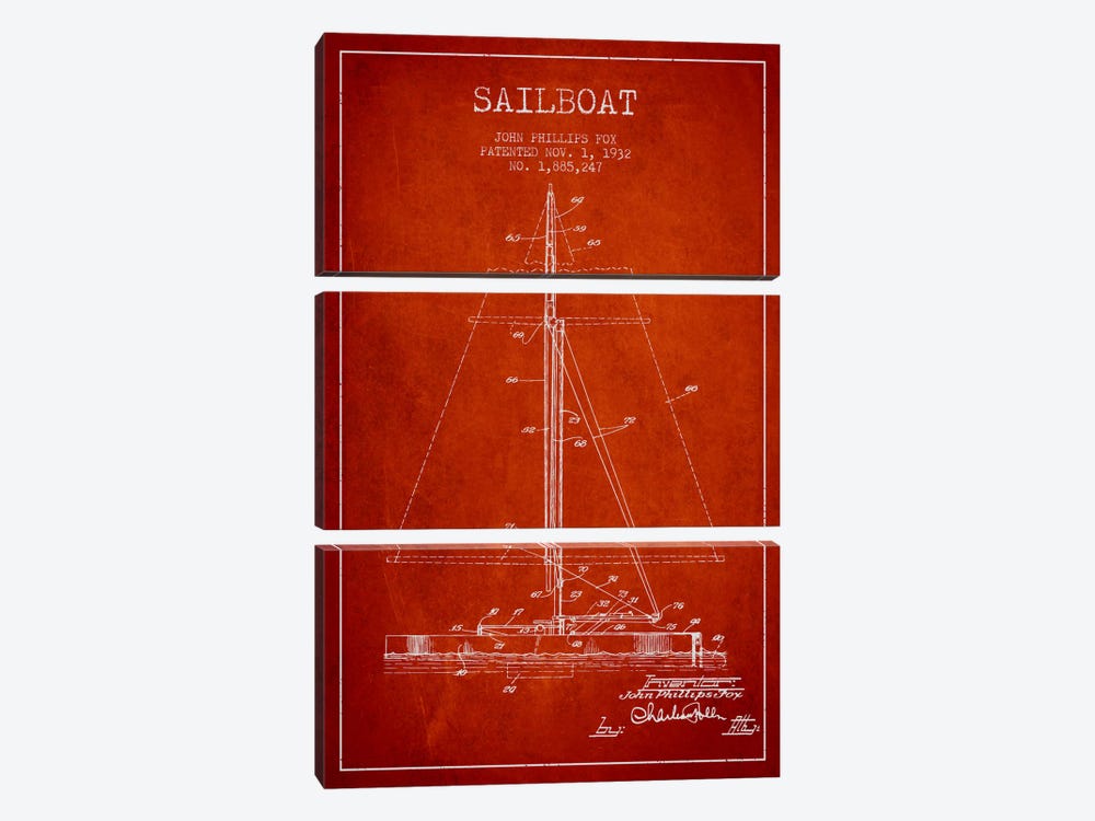 Sailboat 1 Red Patent Blueprint by Aged Pixel 3-piece Canvas Print