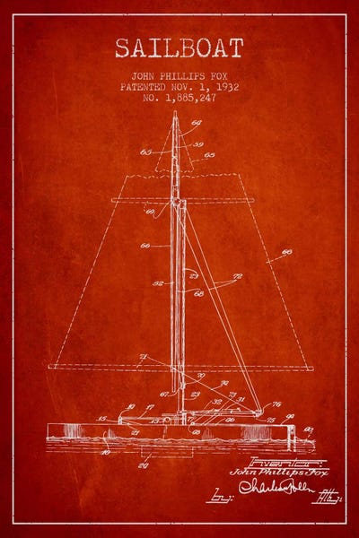 Nautical Blueprints: Sailboat 1 Red Patent Blueprint by Aged Pixel
