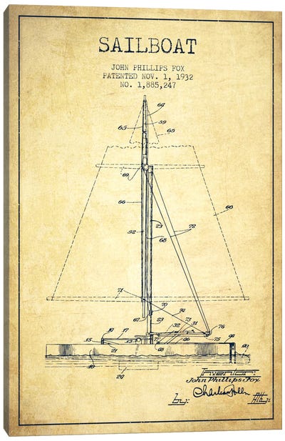 Sailboat 1 Vintage Patent Blueprint Canvas Art Print - Aged Pixel: Nautical